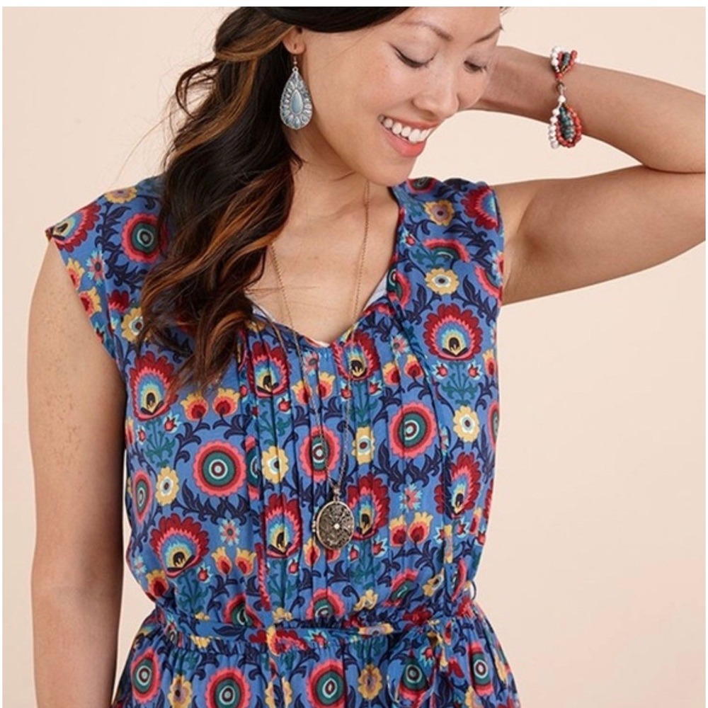 Matilda Jane Women Blue Floral Print Folk Art Pintuck Mini Dress Sleeveless XS